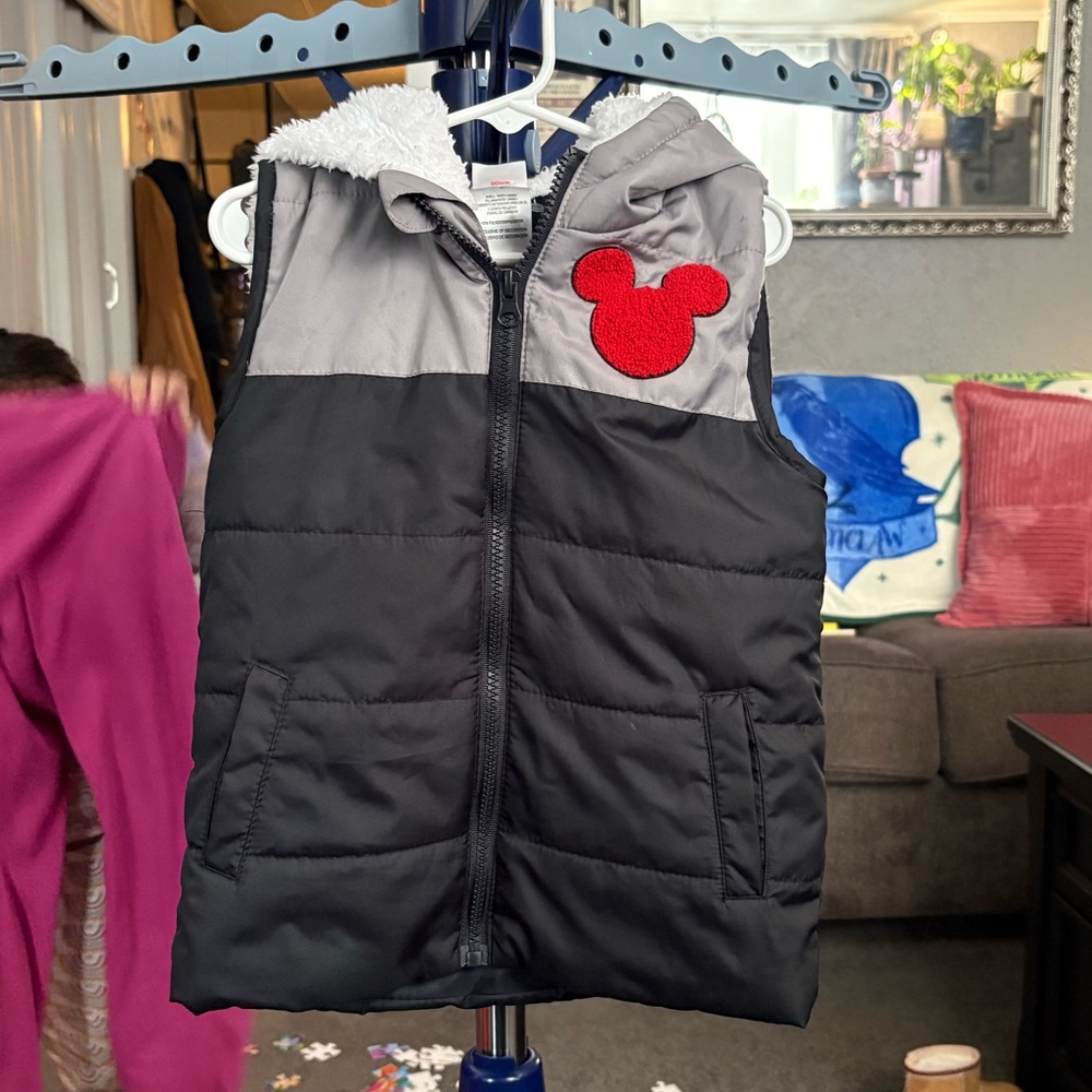 Mickey Kids Black and Gray Puffer Vest with Red Accent